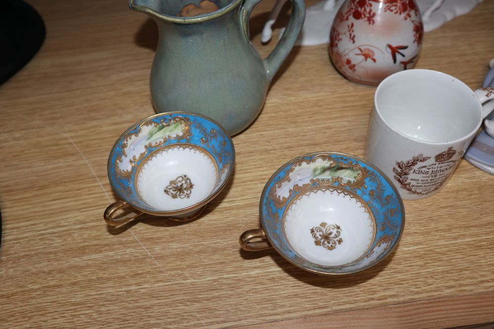 Four Noritake teacups and a Lladro girl with ducks, etc.